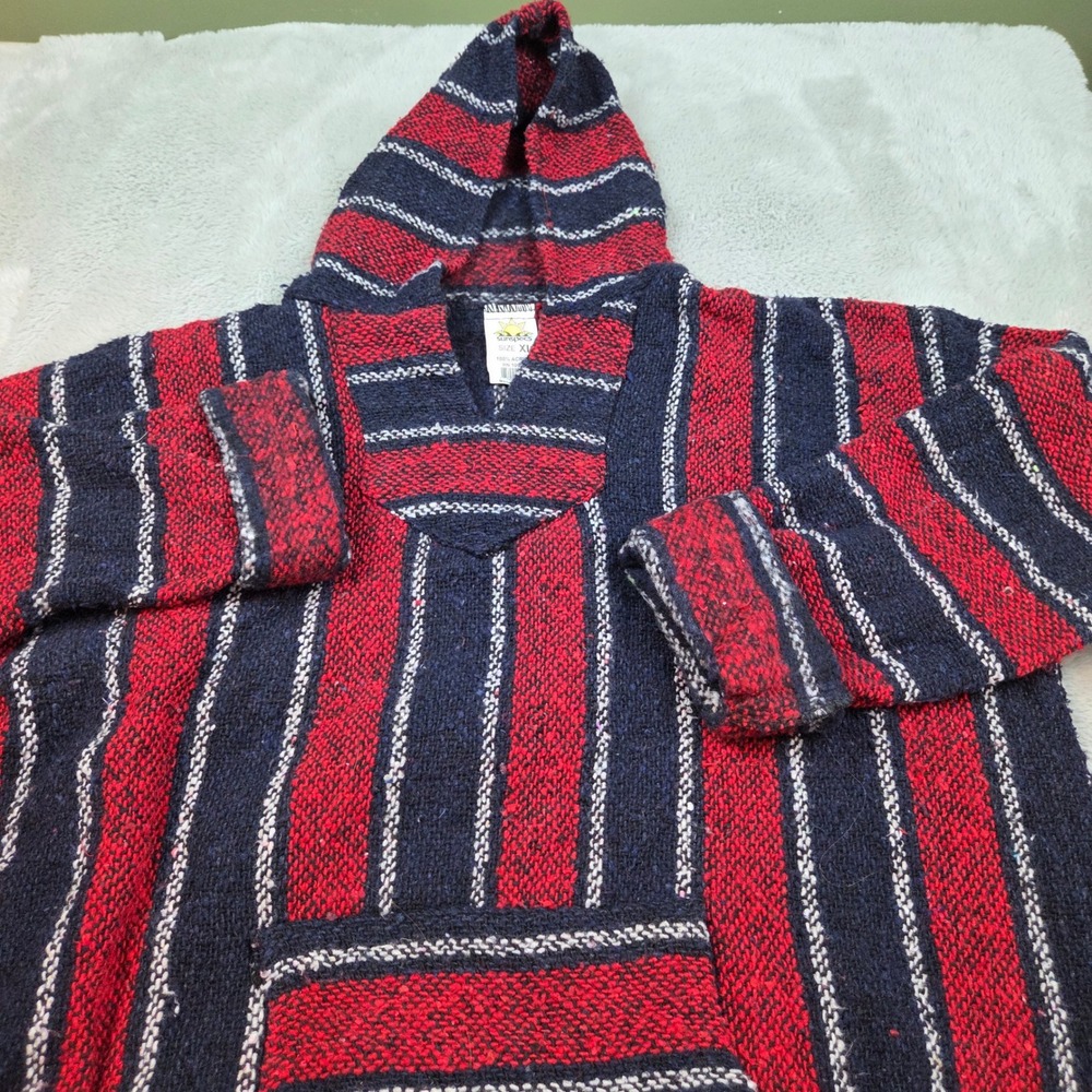Sunspecs Baja Hoodie Mens XL Striped Pullover Poncho Jerga Red Navy Blue White